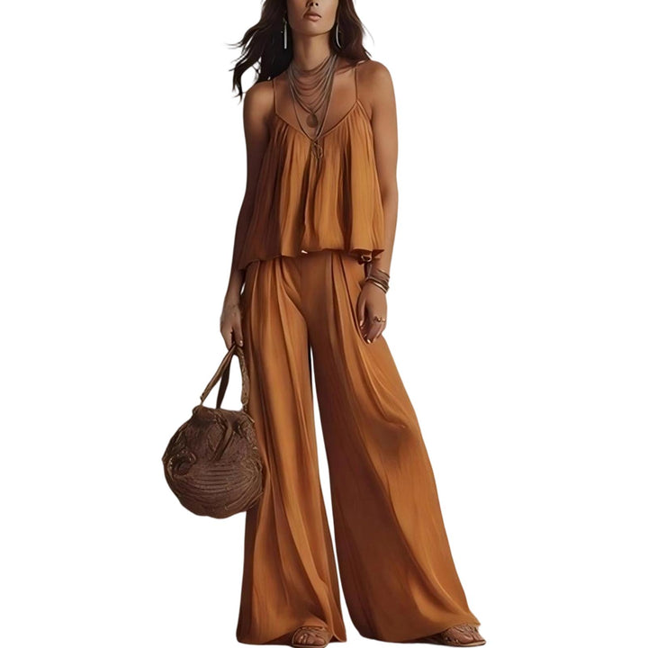 Womens Two Piece Sets Summer Spaghetti Strap Solid Color Bustier Wide Leg Pant Going Out Clothes for Party heathly