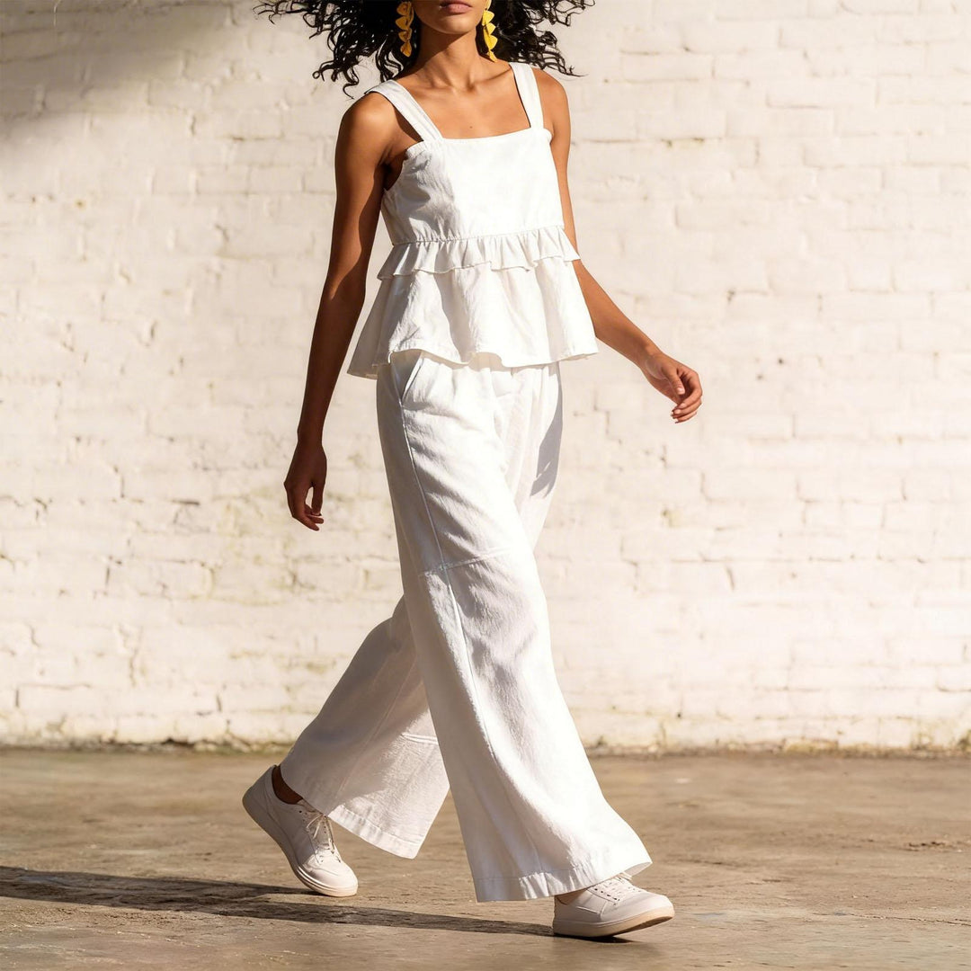 2 Piece Summer Sets for Women Ruffle Casual Summer Sleeveless Peplum Top and Wide Leg Pants Sets for Leisure workable