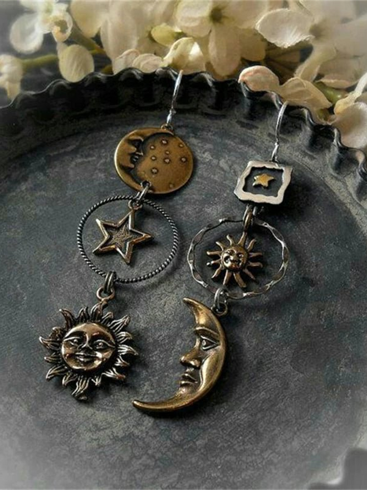 Retro Hippie Sun Star Moon Asymmetrical Earrings