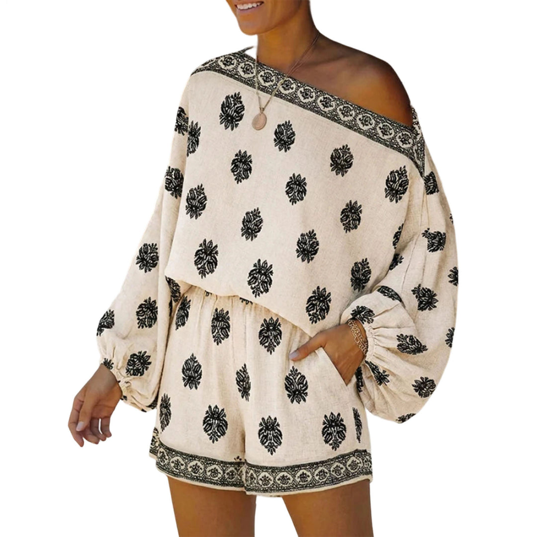 Boho Rompers for Women Off The Shoulder Casual Boho Jumpsuit Loose Lantern Sleeve Rompers for Vacation Beach ingenious