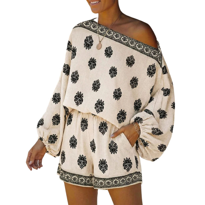 Boho Rompers for Women Off The Shoulder Casual Boho Jumpsuit Loose Lantern Sleeve Rompers for Vacation Beach ingenious