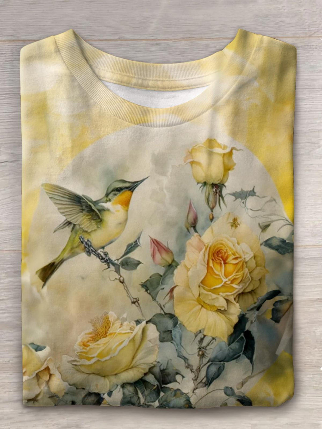 Women Yellow Floral Bird Crew Neck T-shirt