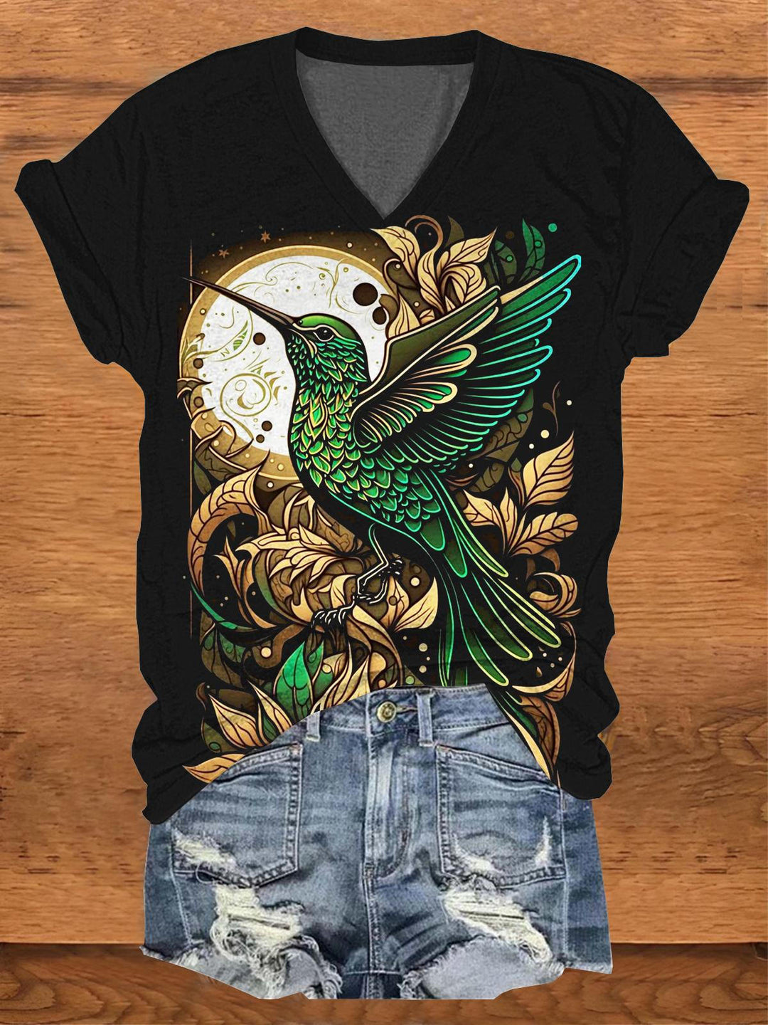 Retro Hummingbird V-Neck Short Sleeve T-Shirt