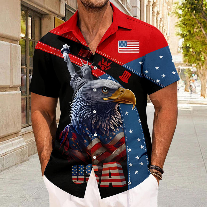 Flag Button Up Shirt Men Eagle Print Short Sleeve Button Down Patriotic Hawaiian Shirts for Parade Party amiable