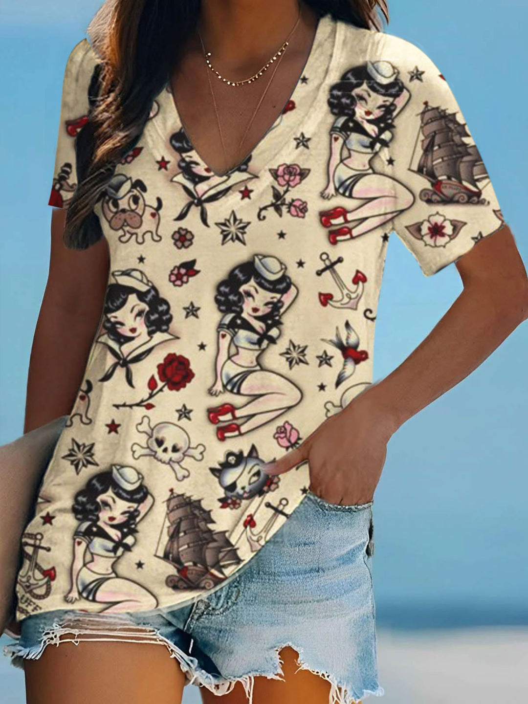 Sailor Retro Print Short Sleeve V Neck Top