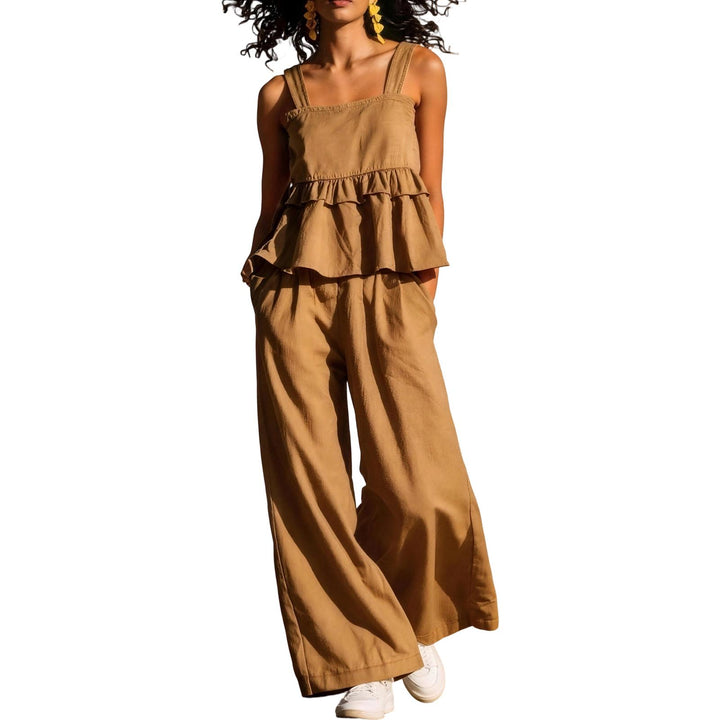 2 Piece Summer Sets for Women Ruffle Casual Summer Sleeveless Peplum Top and Wide Leg Pants Sets for Leisure workable