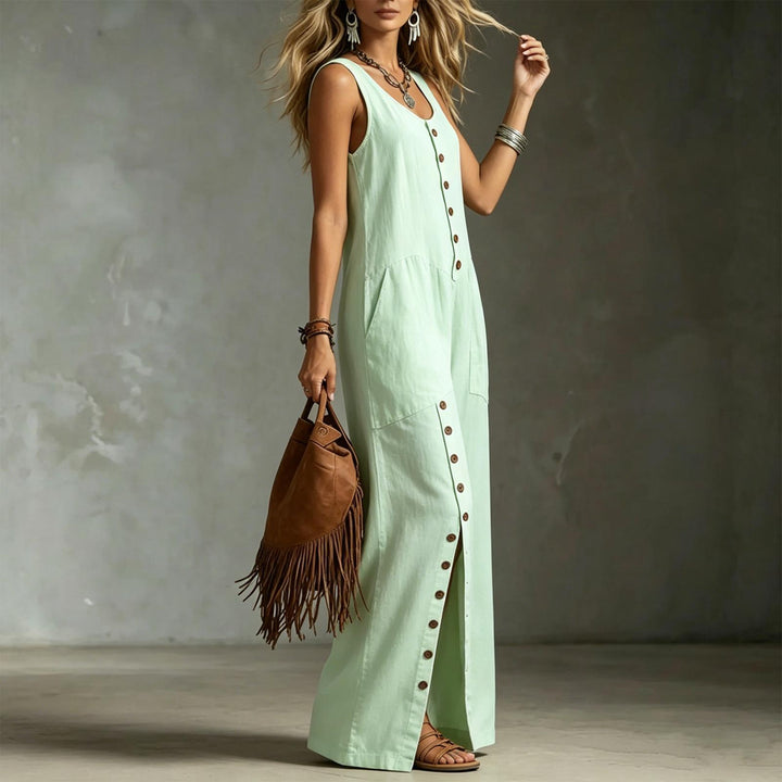 Button Down Jumpsuit for Women Button Up Wide Legs Pants Fashion Sleeveless Overall with Pockets for Beach beautiful