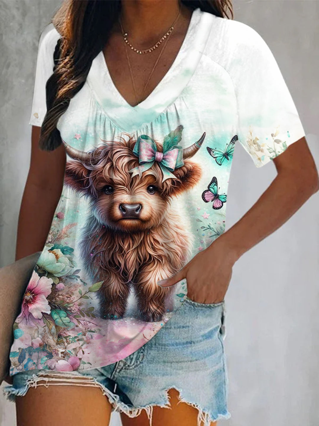Floral Mint Mambo Highland Cow Short Sleeve V Neck Print Top