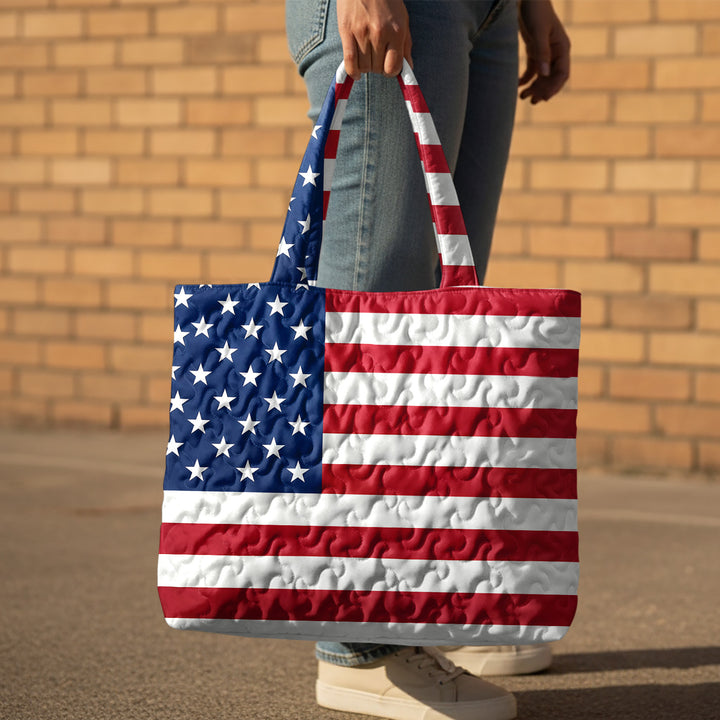 Quilted Tote Bag for Women American Flag Patriotic Handbags with Handles Travel Casual Purse for Vacation practical