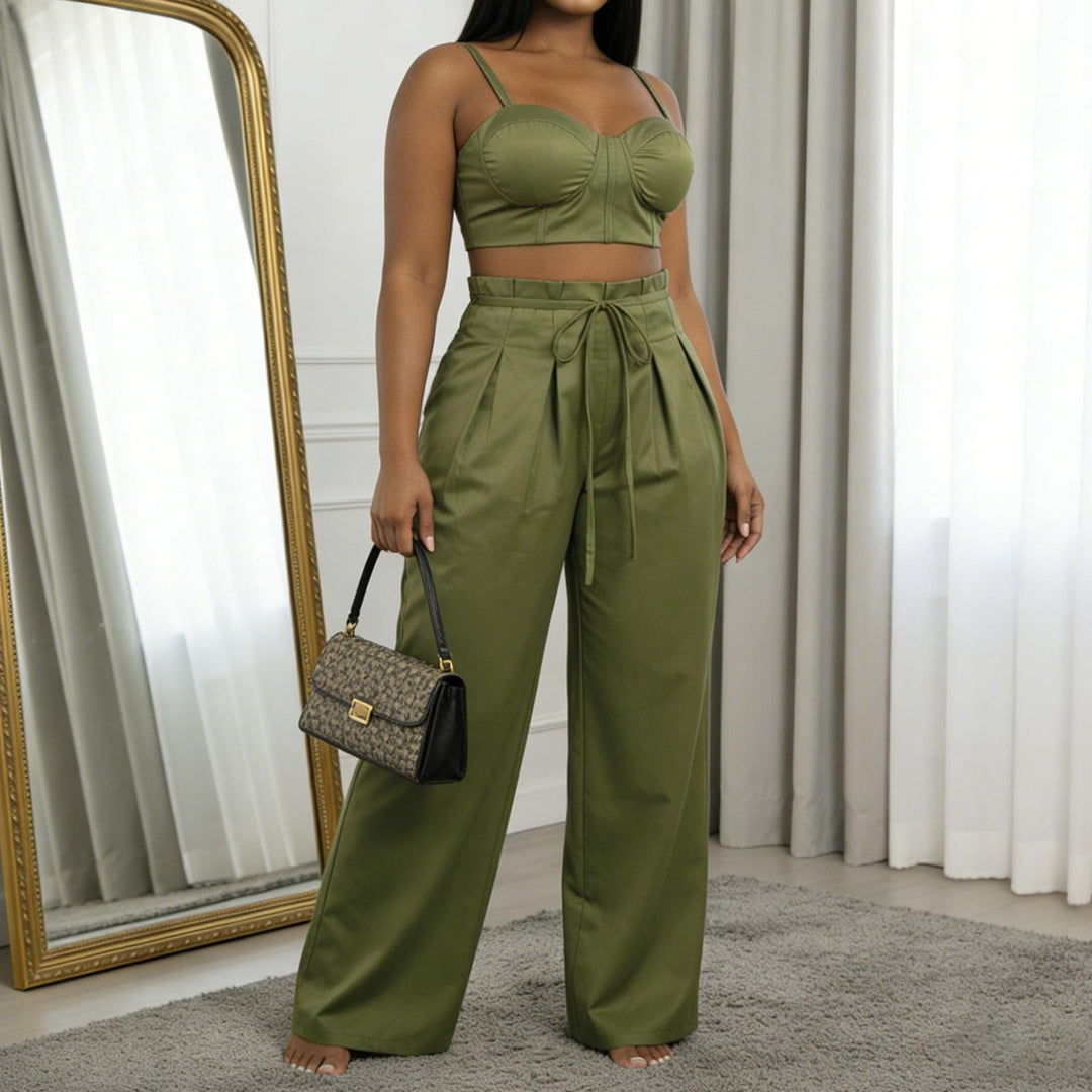 Women's 2 Piece Sets Sleeveless Crop Bustier Tops Wide Leg Casual Trousers with Drawstring for Streetwear premium