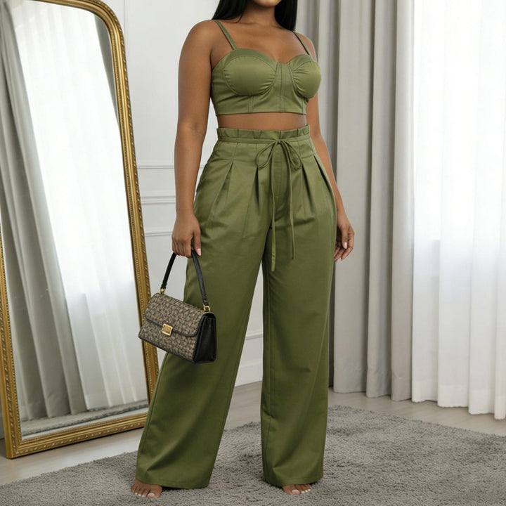 Women's 2 Piece Sets Sleeveless Crop Bustier Tops Wide Leg Casual Trousers with Drawstring for Streetwear premium