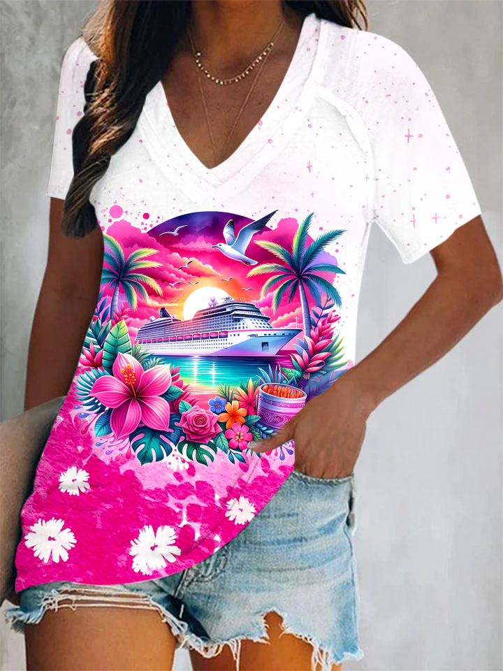 Pink Cruise Ship Short Sleeve V Neck Print Top