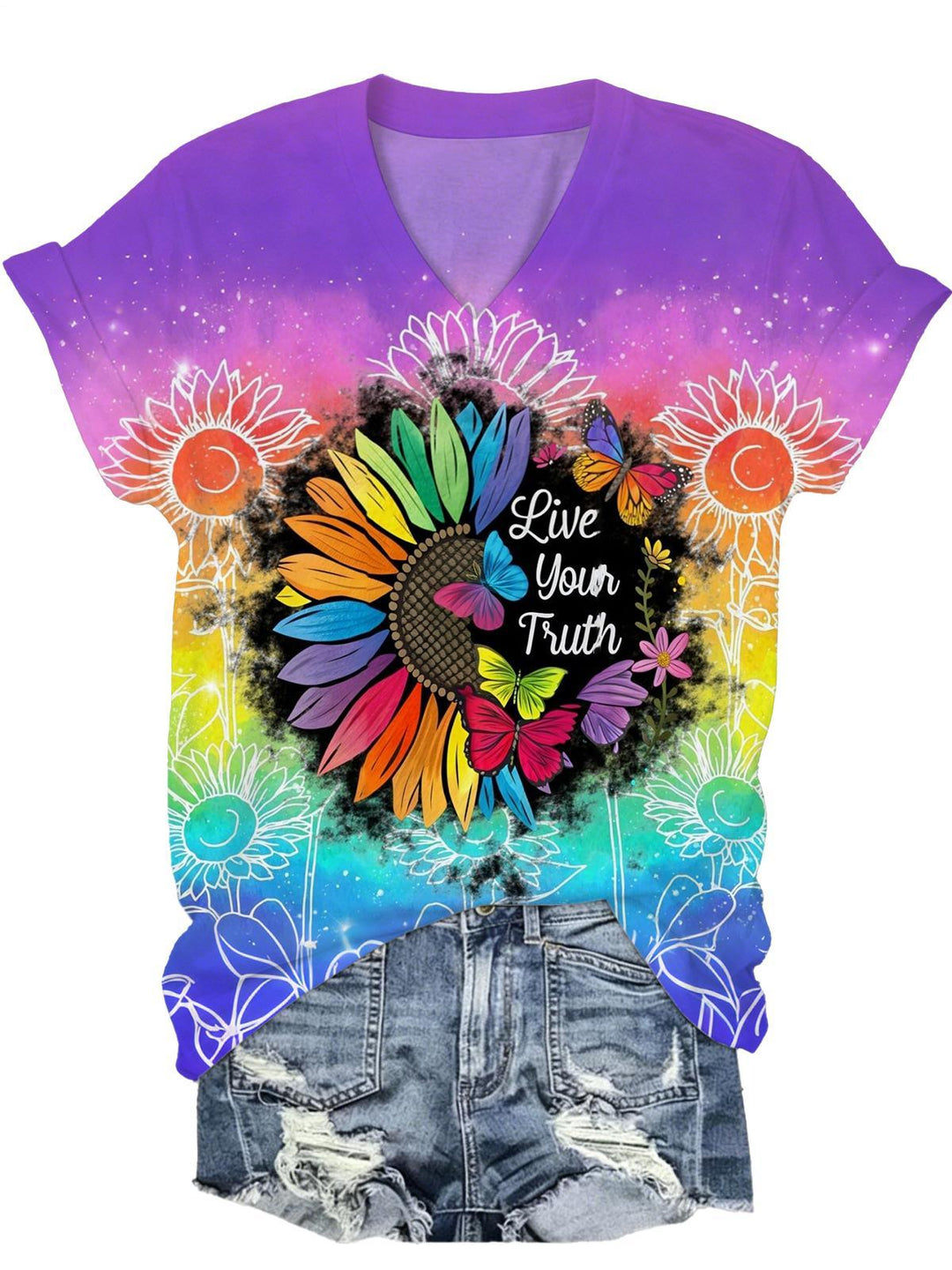 Colorful Gradient Sunflower Butterfly Print Women Short Sleeve V Neck T-Shirt