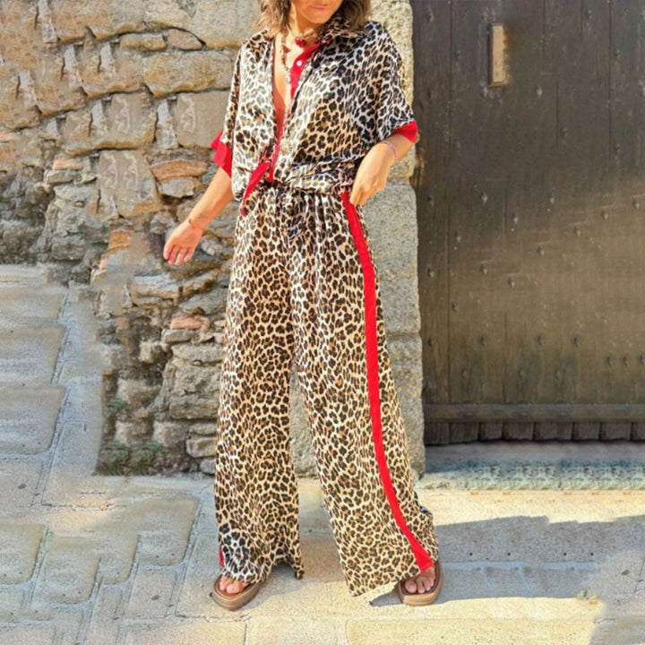 Womens Lounge Set 2 Piece Leopard Print Button Down Shirt with Palazzo Pants Going Out Outfit Streetwear fun