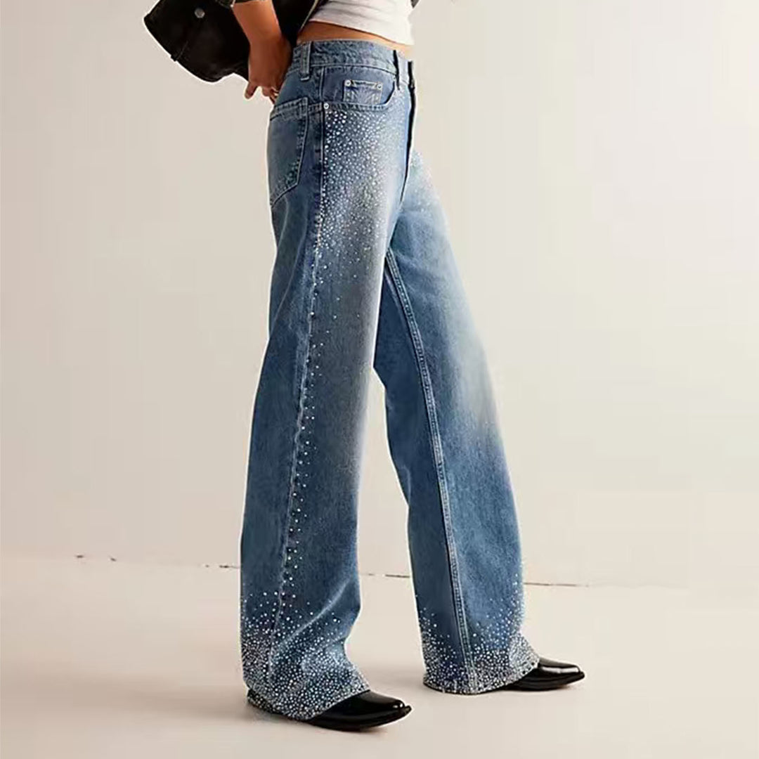 Rhinestone Jeans for Women Straight Leg Casual Palazzo Pants Loose Fit Mid Rise Trousers for Travel Dating enhanced