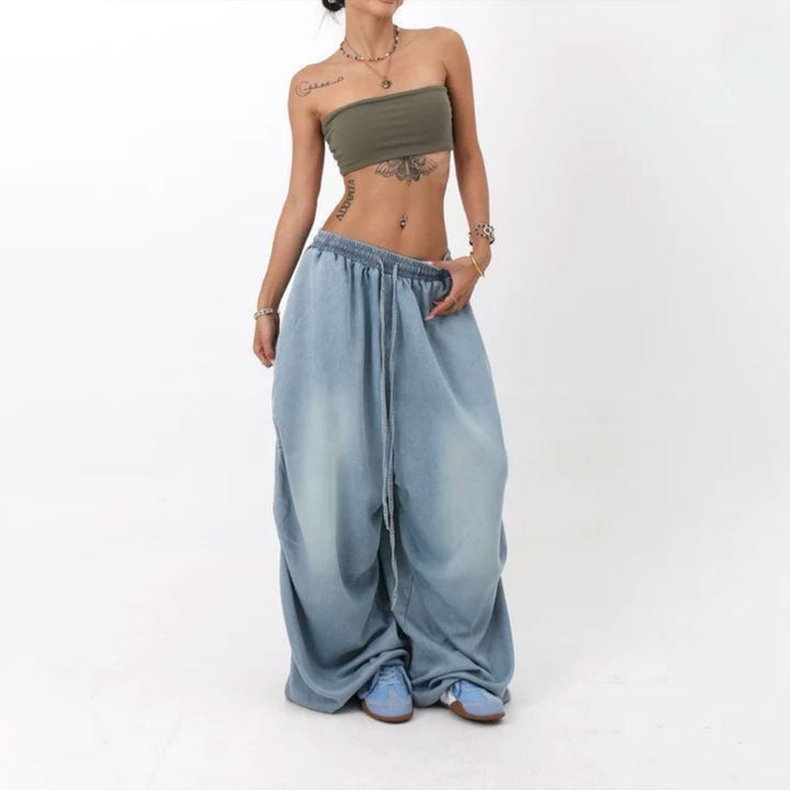 Womens Elastic Waist Jeans Low Rise Vintage Baggy Barrel Jeans Streetwear Loose Fit Denim Pants for Travel candid