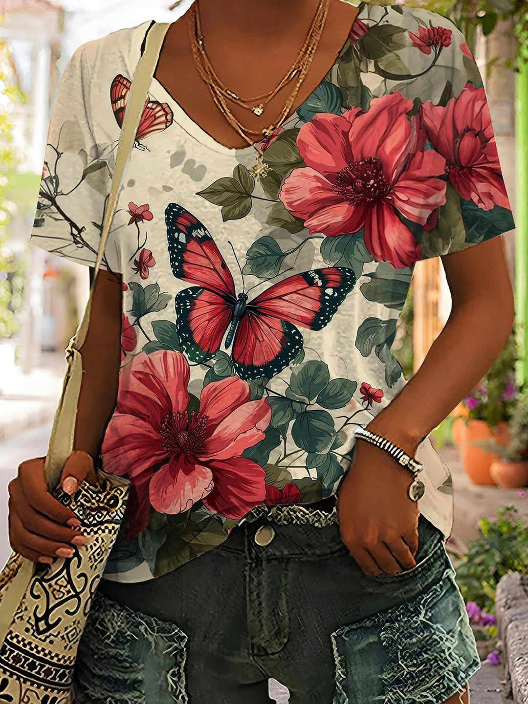 Butterfly Flower V-Neck Short Sleeve T-Shirt