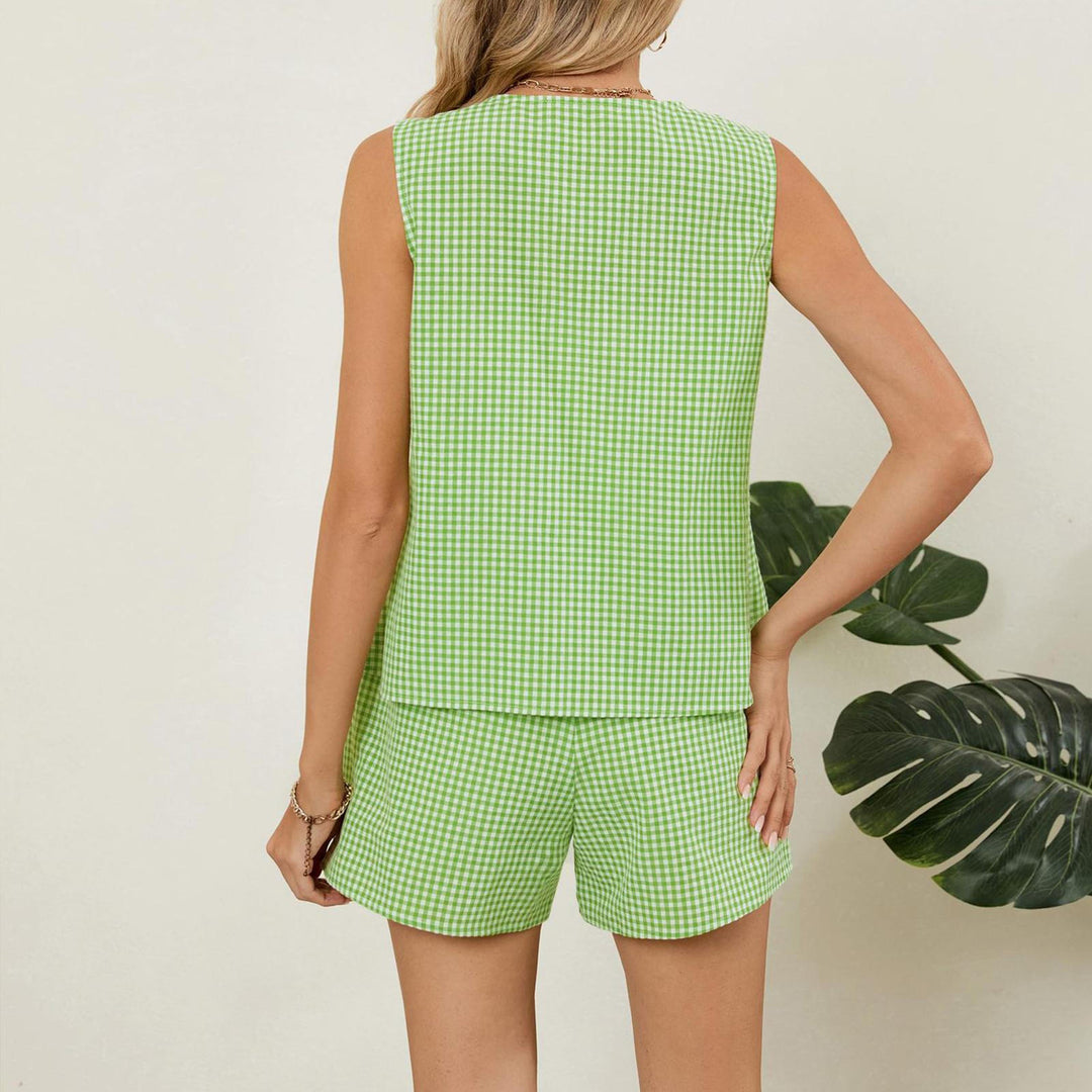 2 Piece Shorts Set for Women Plaid Print Button Down Tank Top and Shorts Outfits Summer Loungewear for Travel compatible