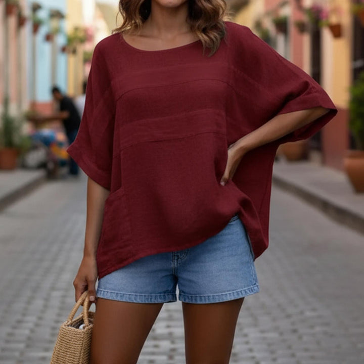 Women's Linen Shirt 3/4 Sleeve Casual Linen Tunic Blouse Crew Neck Peasant Shirts for Travel Daily Wear applied