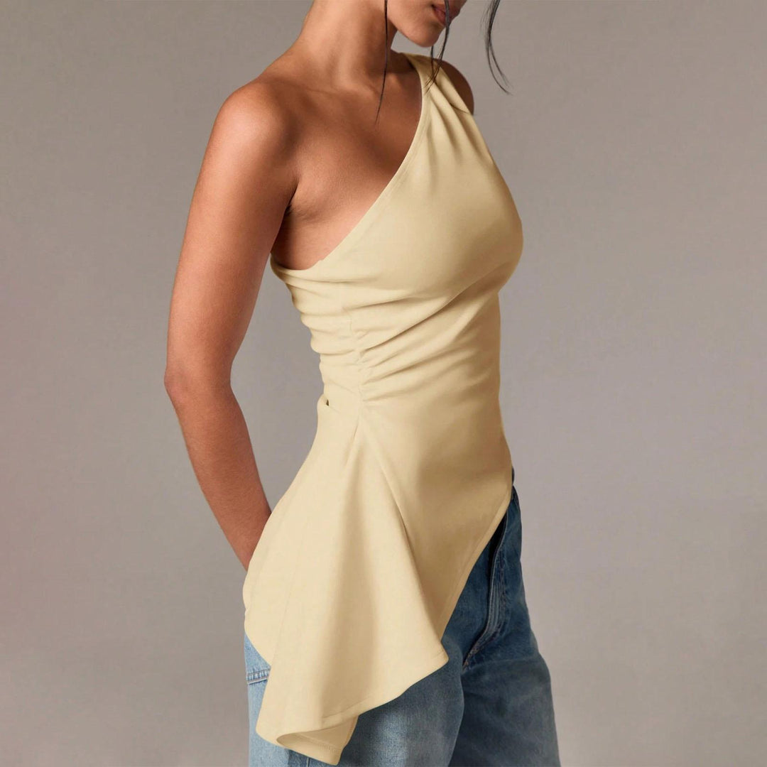 Off Shoulder Ruffle Top Asymmetrical Neck Summer Going Out Sexy Elegant Ruched Sleeveless Tops for Datng friendly