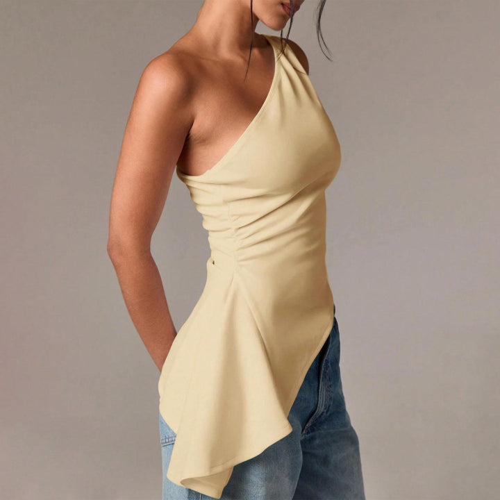 Off Shoulder Ruffle Top Asymmetrical Neck Summer Going Out Sexy Elegant Ruched Sleeveless Tops for Datng friendly