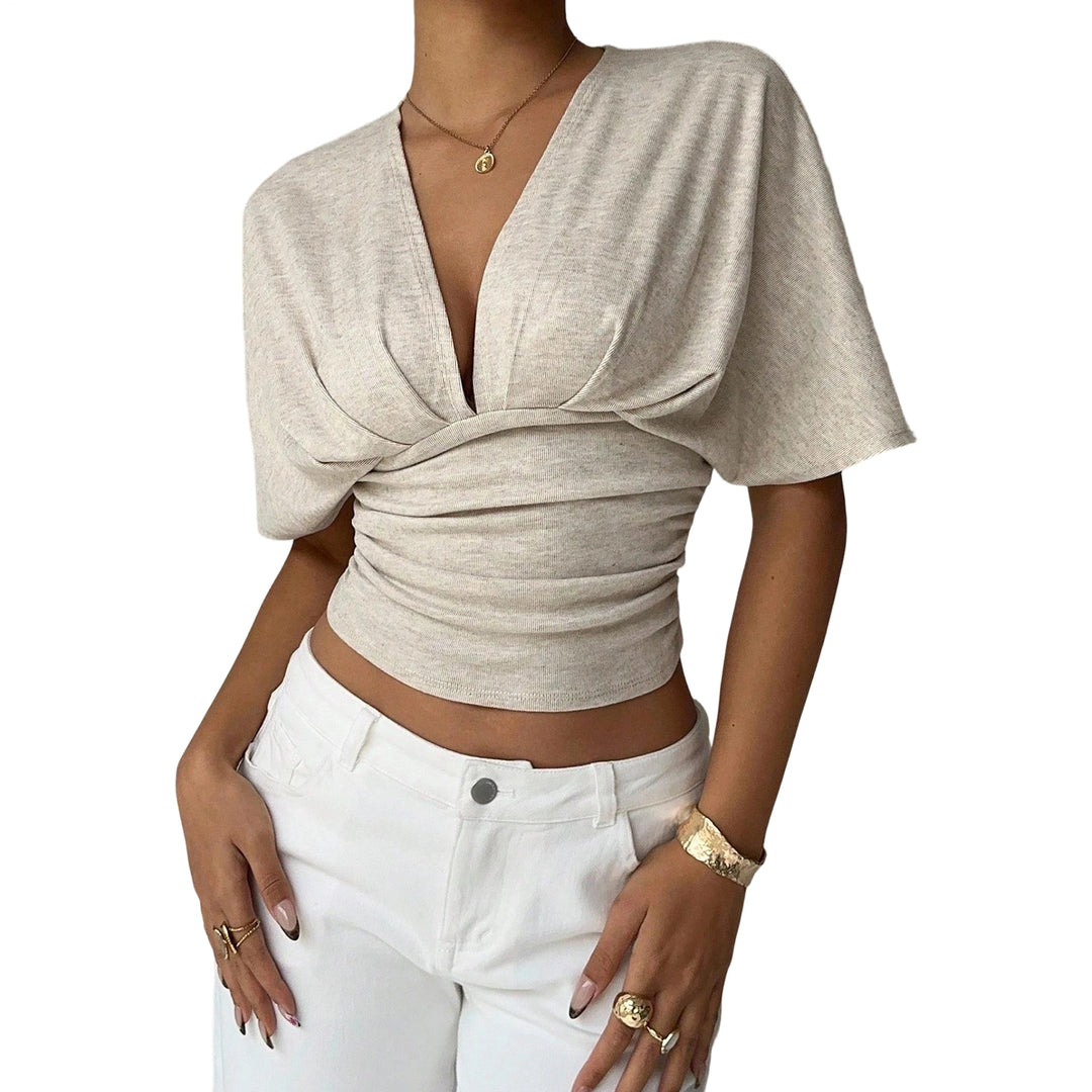 Cinch Waist Tops for Women Ruched Deep V Neck Crop Tops Sexy Summer T Shirts Short Sleeve for Travel Dating original