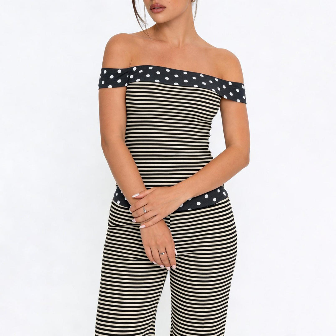 Summer Outfits for Women 2 Piece Set Striped Dot Summer Off Shoulder Tee Shirts Wide Leg Pants Set for Travel richly