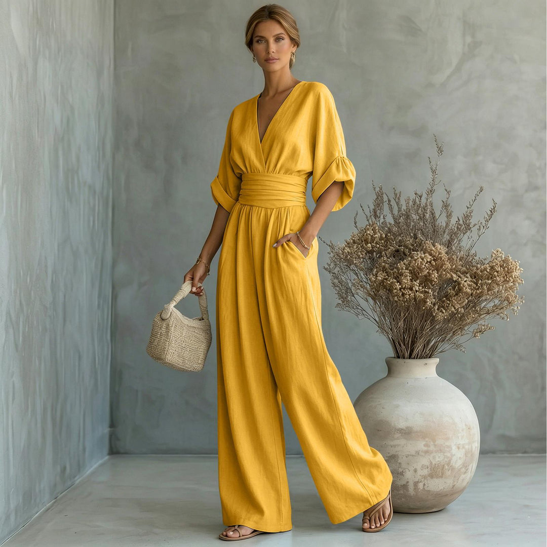 Womens Jumpsuits Casual Dressy V Neck Wide Leg Flowy Short Sleeve Casual Cinched Waist Overalls Daily Wear best service