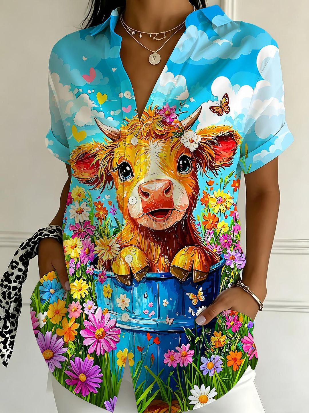 Fun Highland Cow In Floral Bush Women's Short Sleeve Shirts