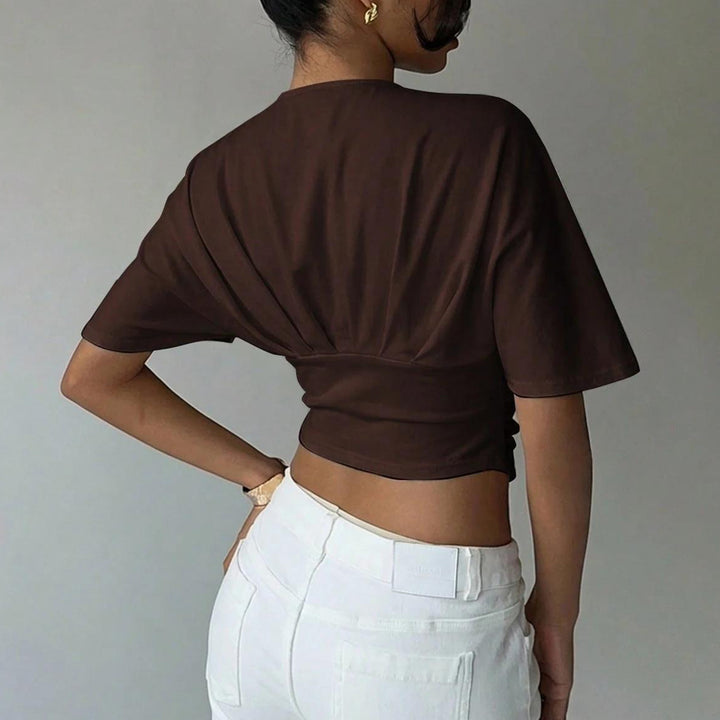 Cinch Waist Tops for Women Ruched Deep V Neck Crop Tops Sexy Summer T Shirts Short Sleeve for Travel Dating original