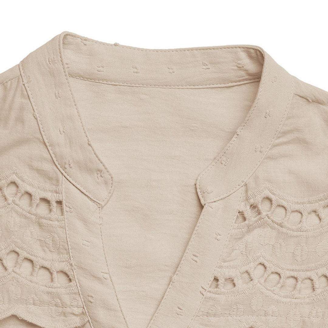 Women Ruffle Short Sleeve Shirt V Neck Eyelet Embroidery Trendy Textured Button Up Blouses Lace Tops for Work heathly