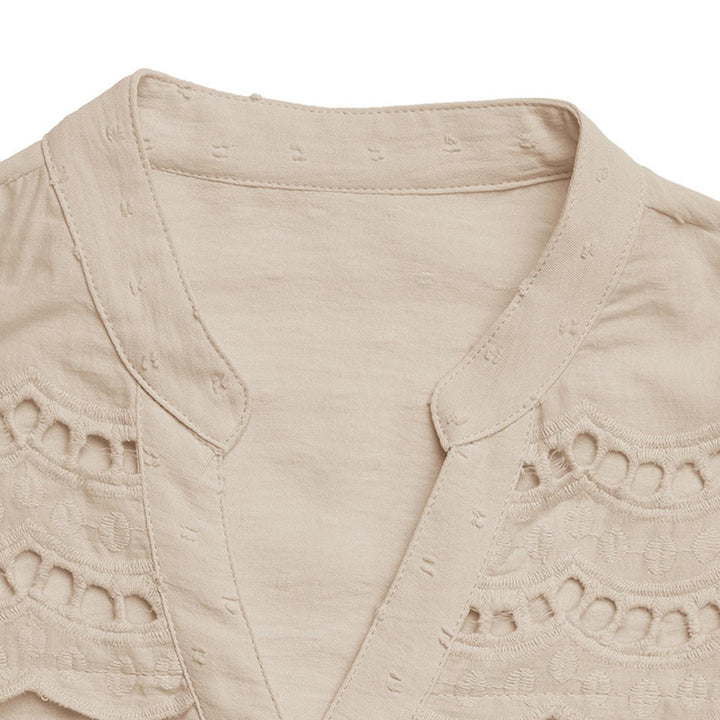 Women Ruffle Short Sleeve Shirt V Neck Eyelet Embroidery Trendy Textured Button Up Blouses Lace Tops for Work heathly