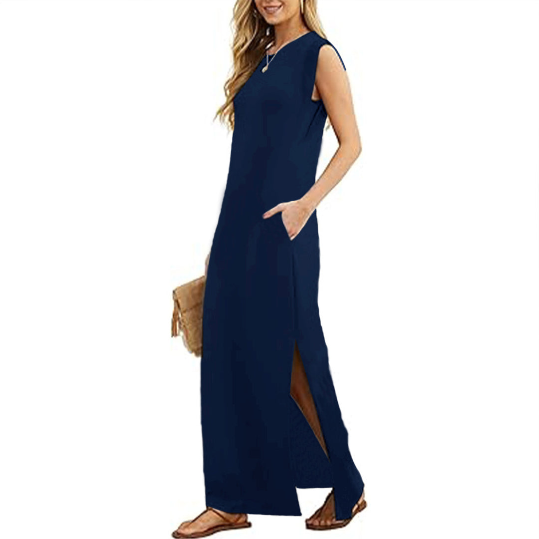 Tank Maxi Dress Sleeveless Solid Color Maxi Dress Loose Fit Side Slit Sundress for Fashionable Daily Wear Vacation Dating classy