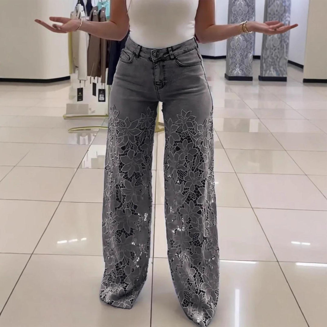 Lace Jeans for Women Hollow Lace Spliced High Waisted Fashion Jeans Loose Fit Denim Pants for Daily Wear exceptional