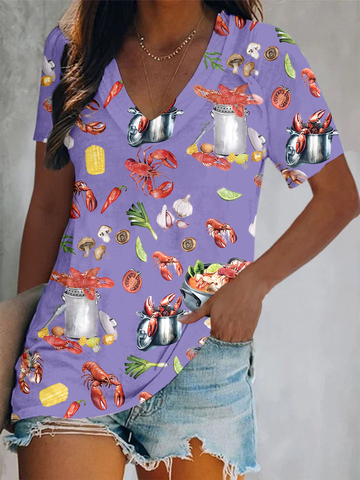 Fun Crawfish Boil Party Print Short Sleeve V Neck Print Top