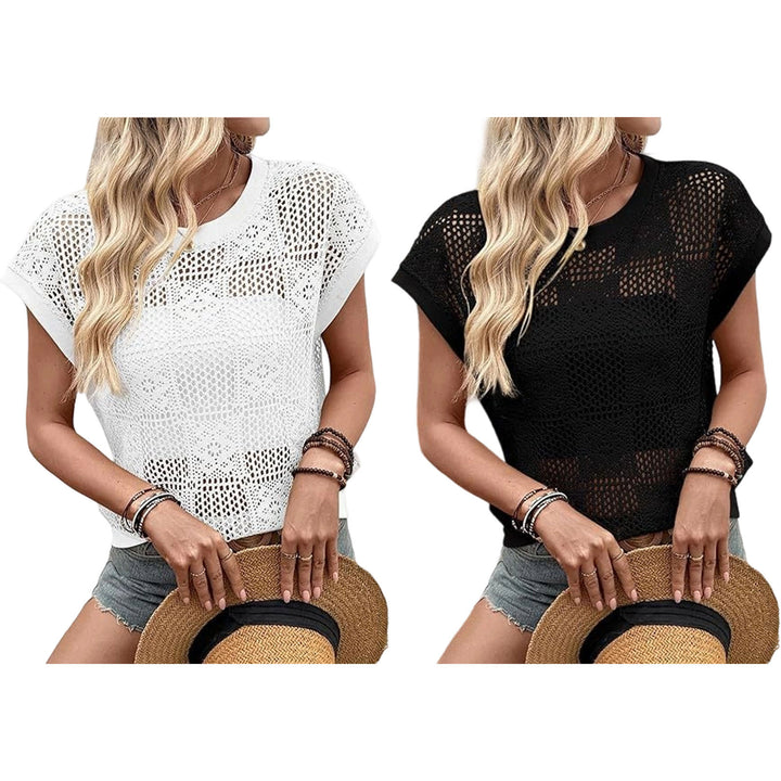 Crochet Top Cap Sleeve Hollow Out Blouse Lightweight Beach Vacation Clothes for Daily Wear Dating Travel dependable