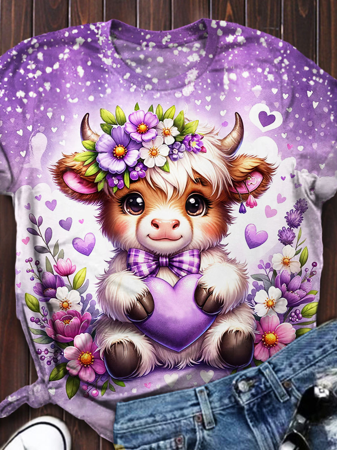 Women's Floral Purple Highland Cow Print Casual Top