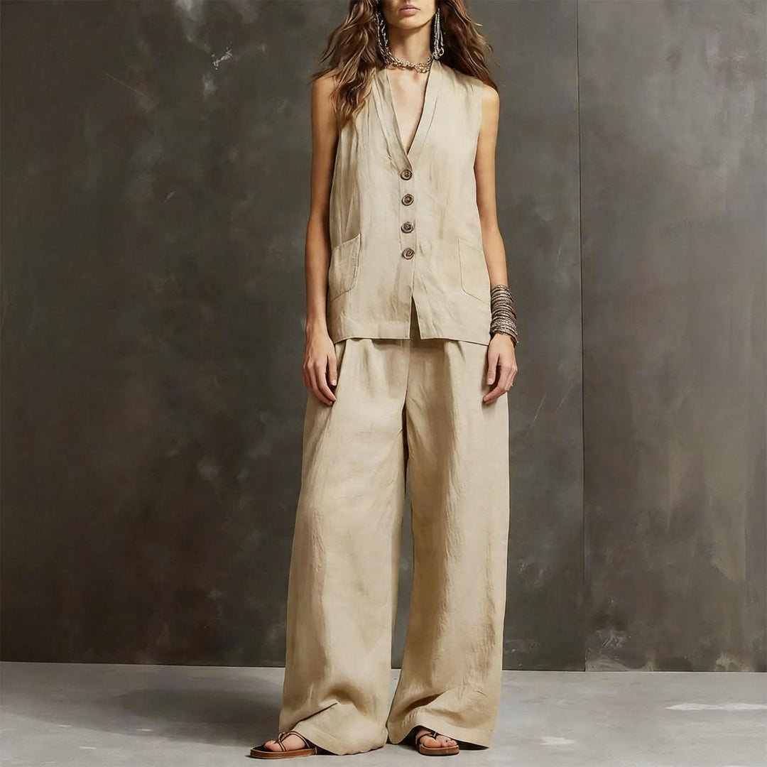 Womens Vest and Pants Set Two Piece Button Down Vest Top and Wide Leg Pants Casual Outfits for Work Travel ideal