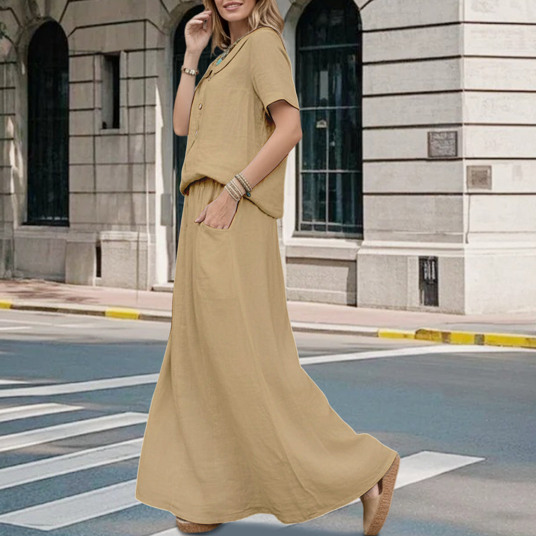 2 Piece Skirt Set Solid Cotton Two Piece Sets Short Sleeve Top and Maxi Skirt Casual Outfit for Daily Wear everywhere