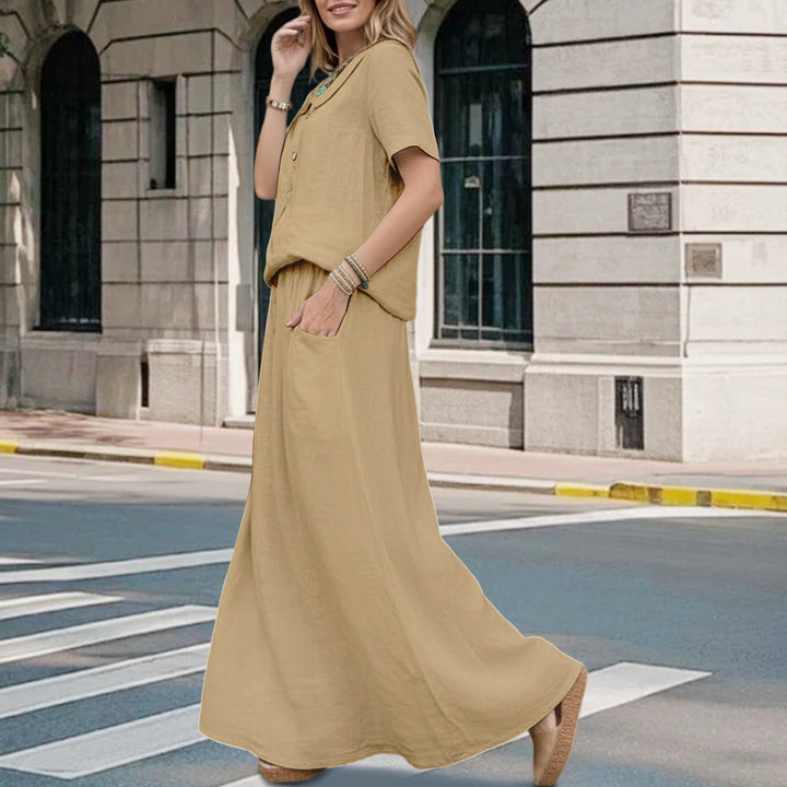 2 Piece Skirt Set Solid Cotton Two Piece Sets Short Sleeve Top and Maxi Skirt Casual Outfit for Daily Wear everywhere