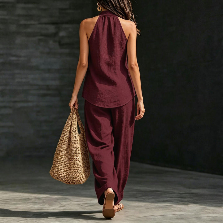 Summer Outfits for Women 2 Piece Set Deep V Neck Sleeveless Loose Fit Halter Top and Wide Leg Pants for Beach classical