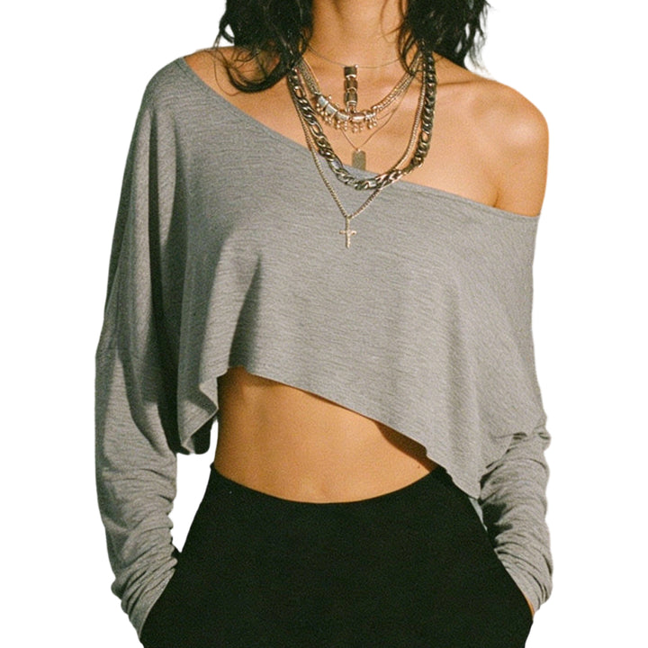 Off The Shoulder Crop Tops for Women Long Sleeve Slouchy Off The Shoulder Top Loose Casual T Shirt for Dating proficient