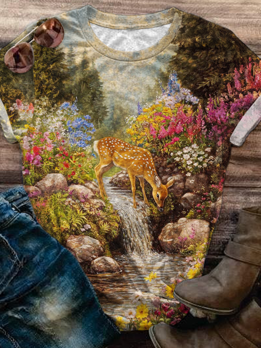 Retro Forest Wild Sika Deer Crew Neck T-shirt