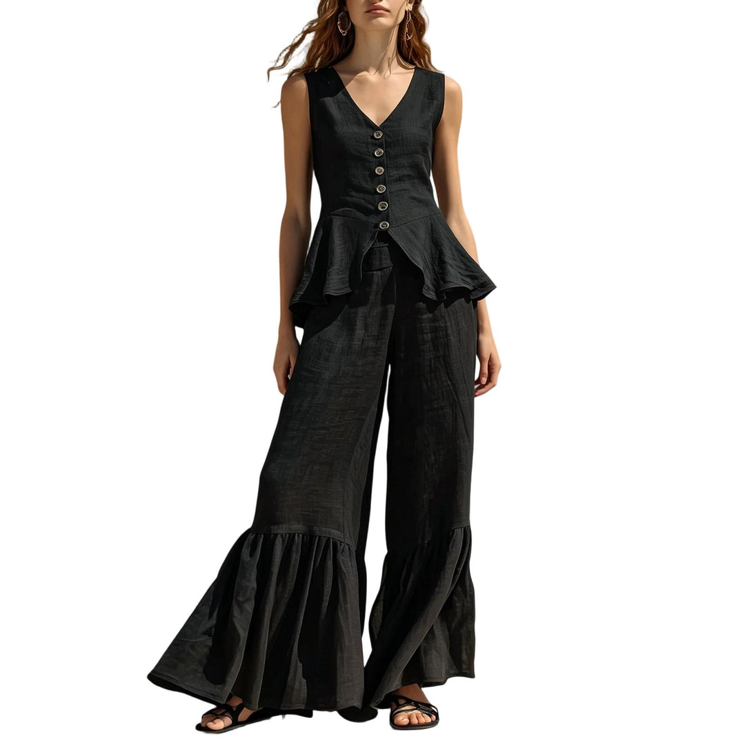 Women Two Piece Outfits Sets V Neck Sleeveless Peplum Top and Ruffle Flare Leg Pants Set for Dating Travel astonishing