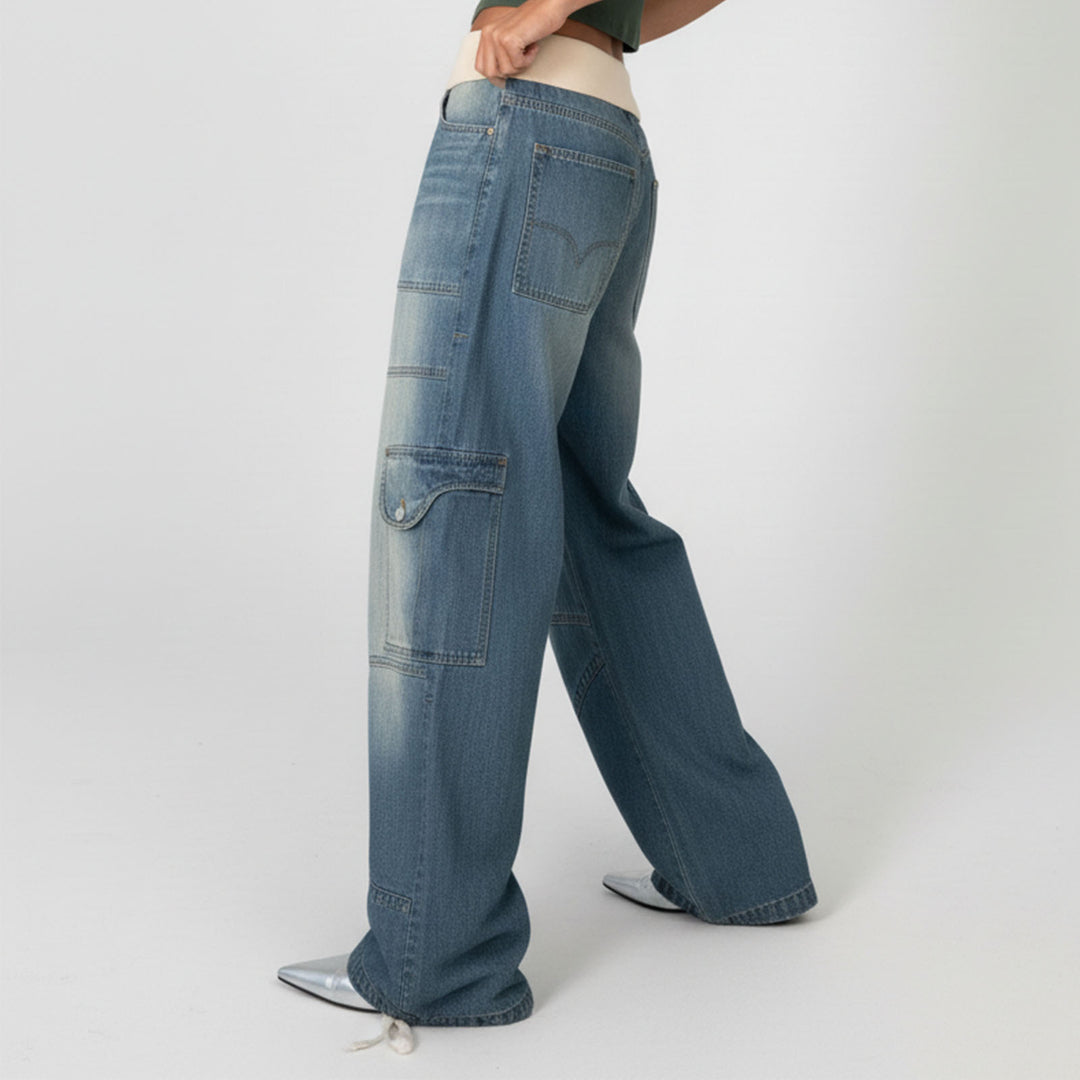 Womens Low Rise Baggy Jeans Fold-Over Elastic Waist Wide Leg Jeans Denim Pants Loose Fit Trousers for Club appropriate