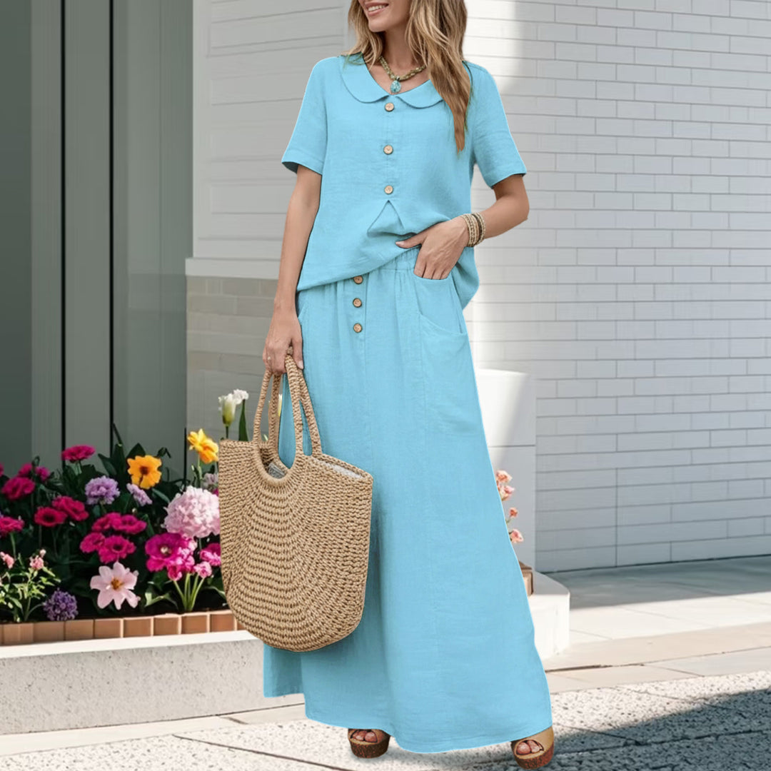 2 Piece Skirt Set Solid Cotton Two Piece Sets Short Sleeve Top and Maxi Skirt Casual Outfit for Daily Wear everywhere