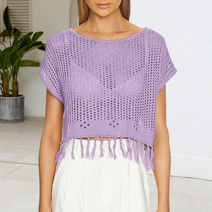 Crochet Tops for Women Tassel Hollow Out Summer Knit Top Crewneck Short Sleeve Pullover Cover Up for Travel usefulness