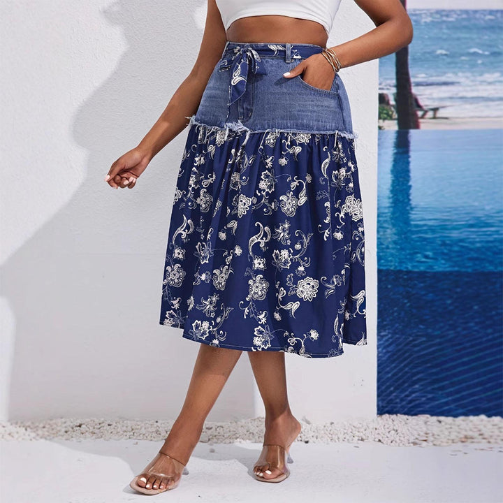 Midi Denim Skirt Floral Print High Waisted A Line Denim Chiffon Splicing Flowy Skirt for Dating Vacation beautifully
