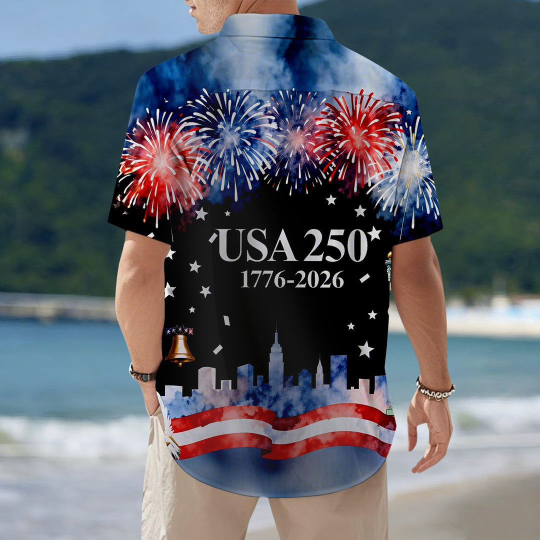Patriotic Button Up Shirts For Men 250 Years Flag Lapel Short Sleeve Casual Trendy Hawaiian Shirts for Travel respectable