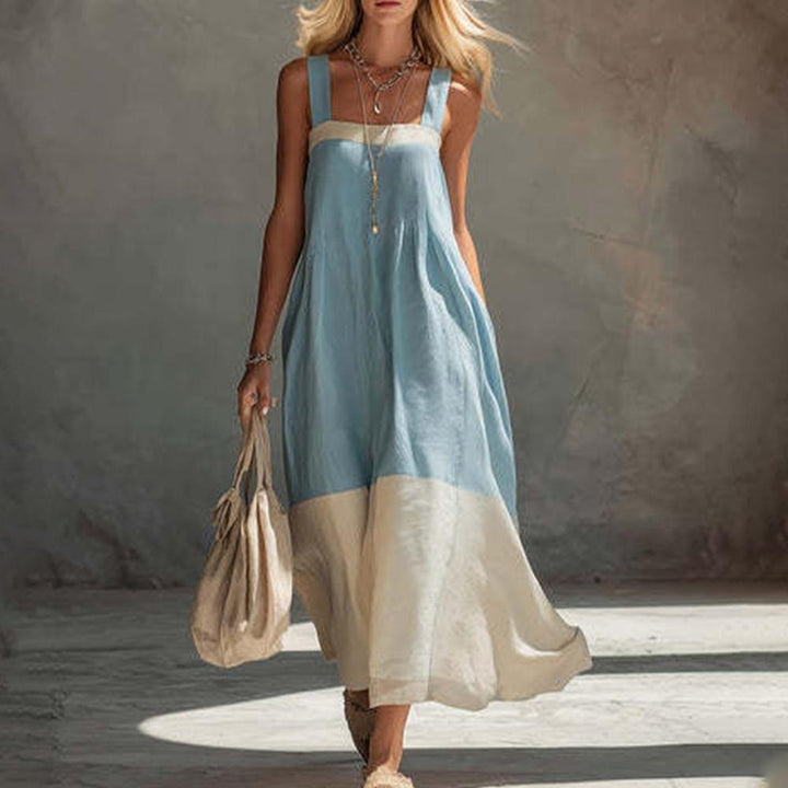 Square Neck Maxi Dress Color Blocking Summer Sleeveless Dress Swing Flowy Sundresses for Travel Daily Wear presents
